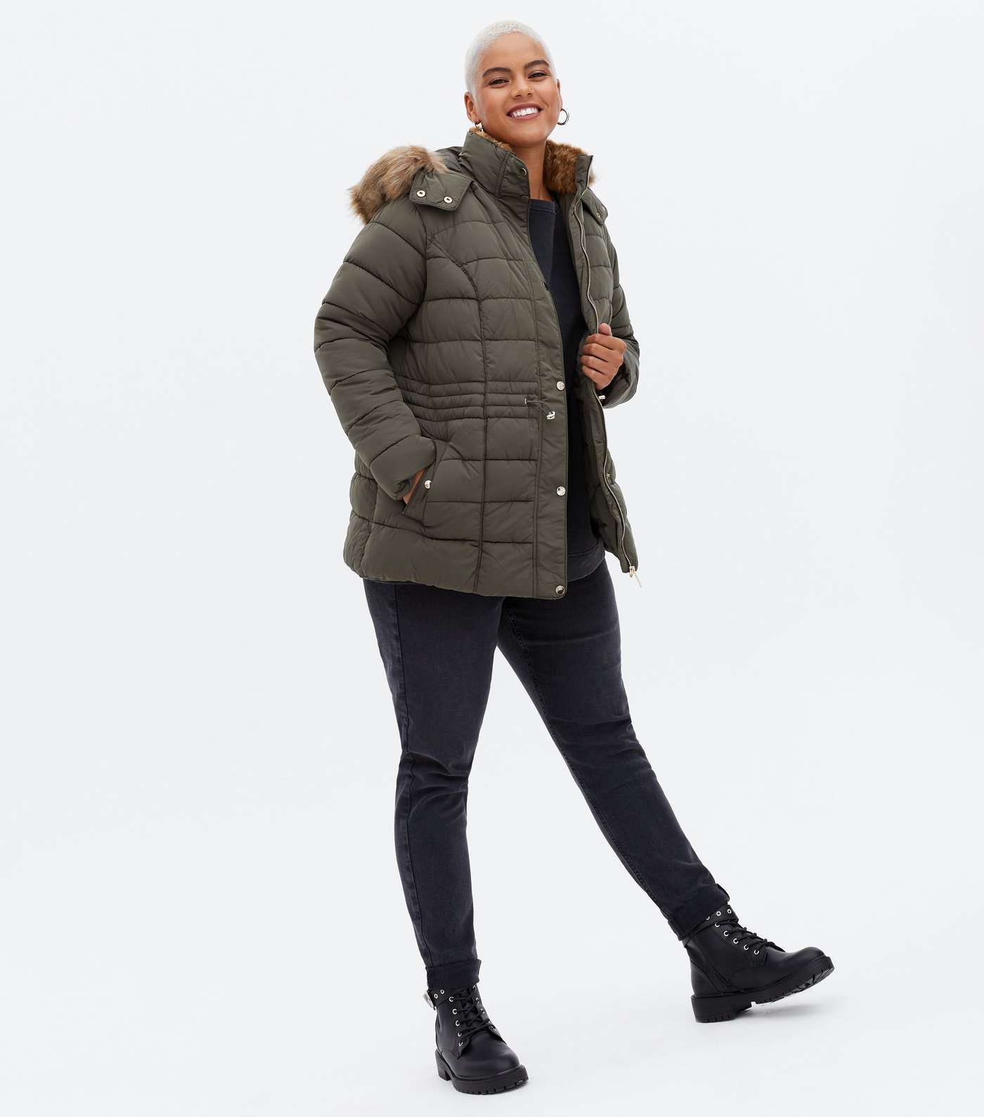 Curves Khaki Quilted Faux Fur Hood Puffer Jacket Image 2