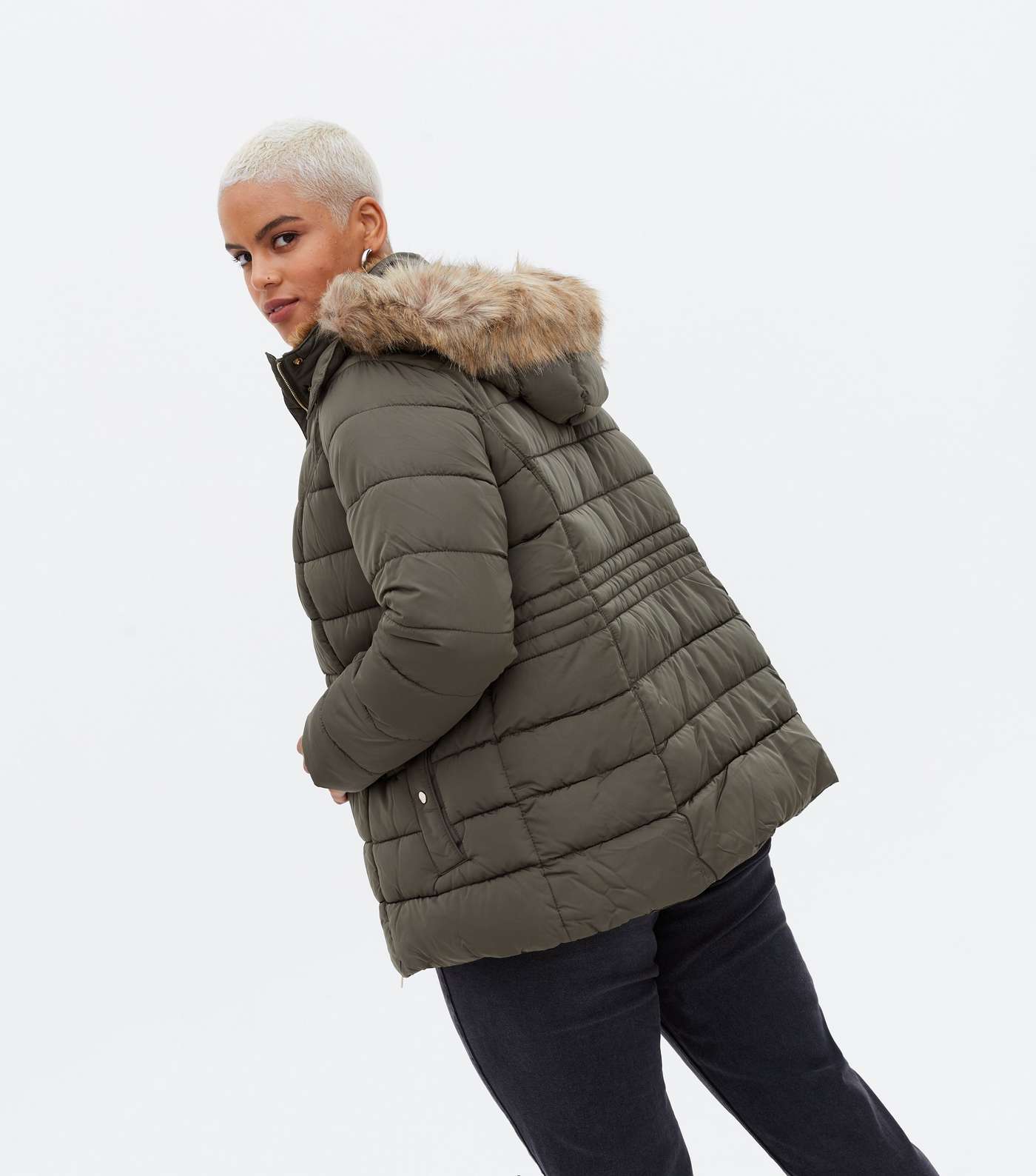 Curves Khaki Quilted Faux Fur Hood Puffer Jacket Image 4