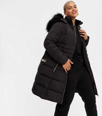 Curves Black Faux Fur Trim Long Puffer Jacket