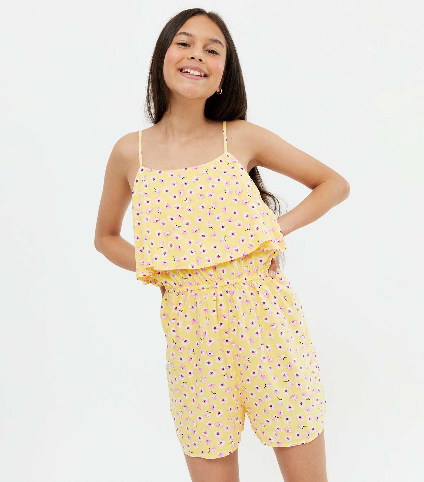 Girls Yellow Floral Overlay Strappy Playsuit