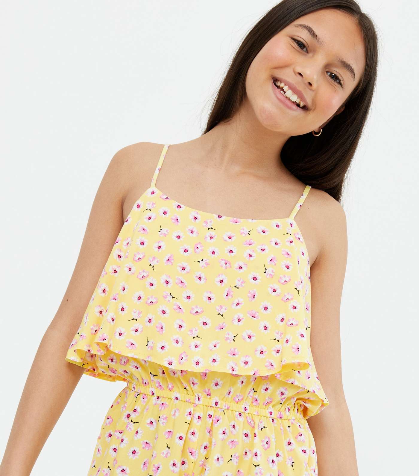 Girls Yellow Floral Overlay Strappy Playsuit Image 3
