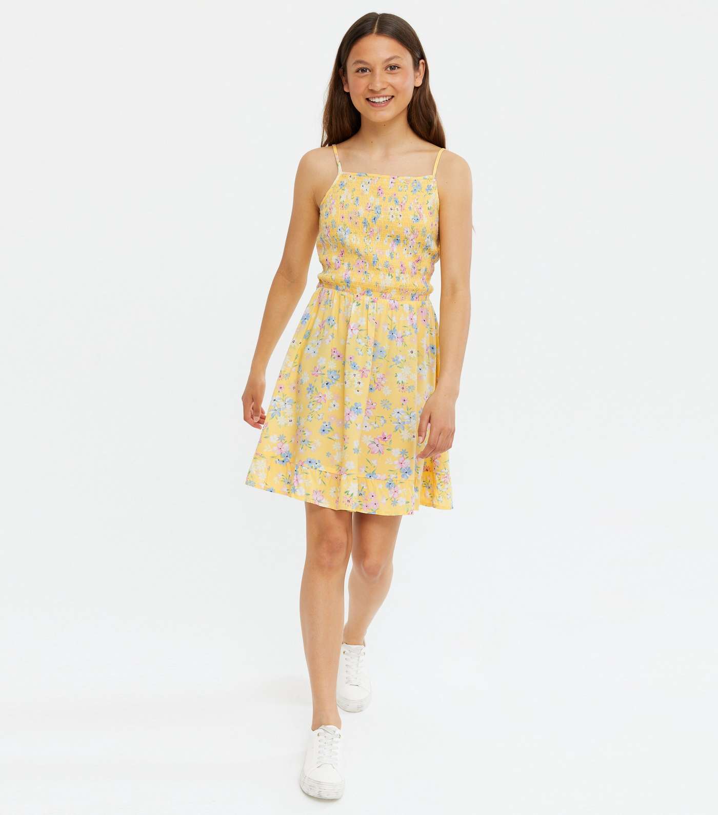 Girls Yellow Floral Shirred Square Neck Dress Image 2