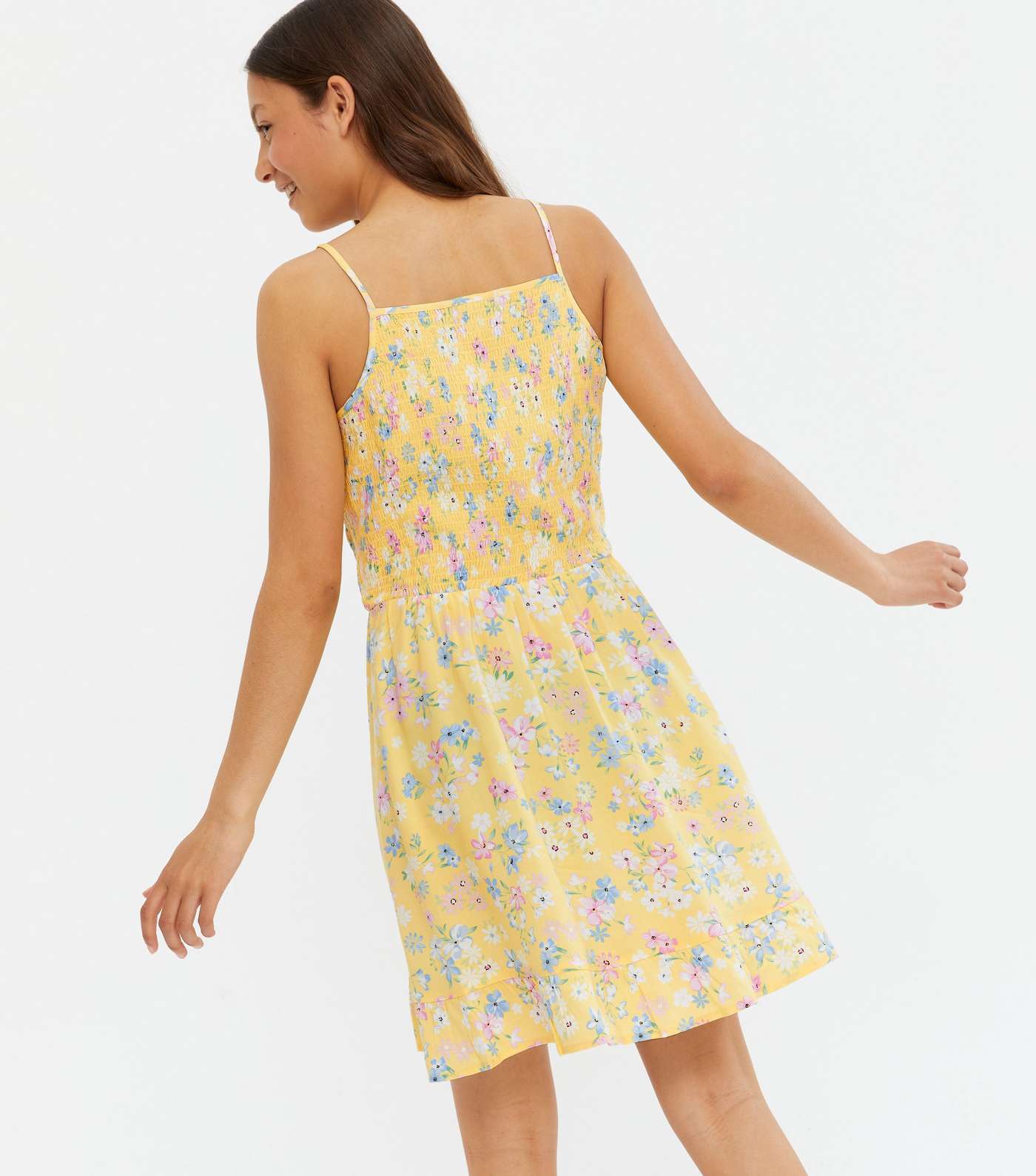Girls Yellow Floral Shirred Square Neck Dress Image 4