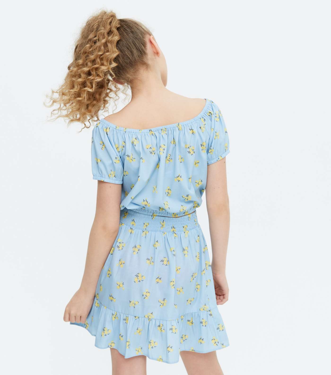 Girls Blue Ditsy Floral Bardot Top and Skirt Set Image 4
