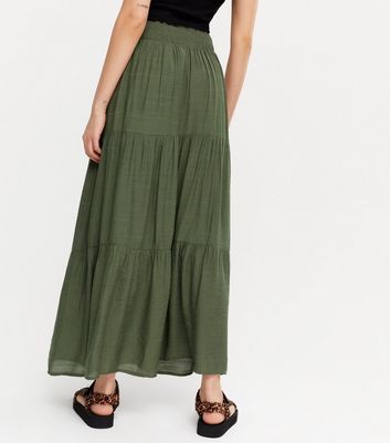 khaki tiered maxi skirt