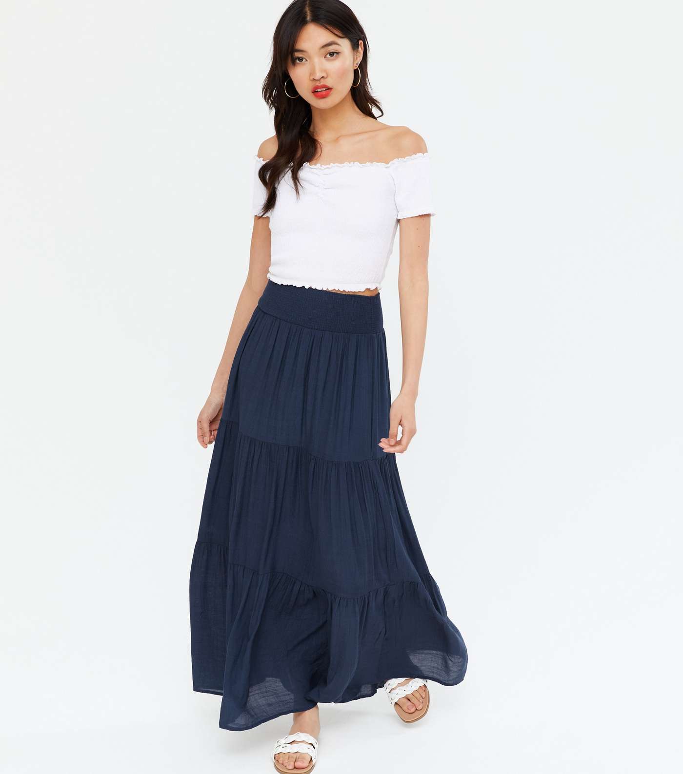 Blue Vanilla Navy Shirred Waist Tiered Maxi Skirt