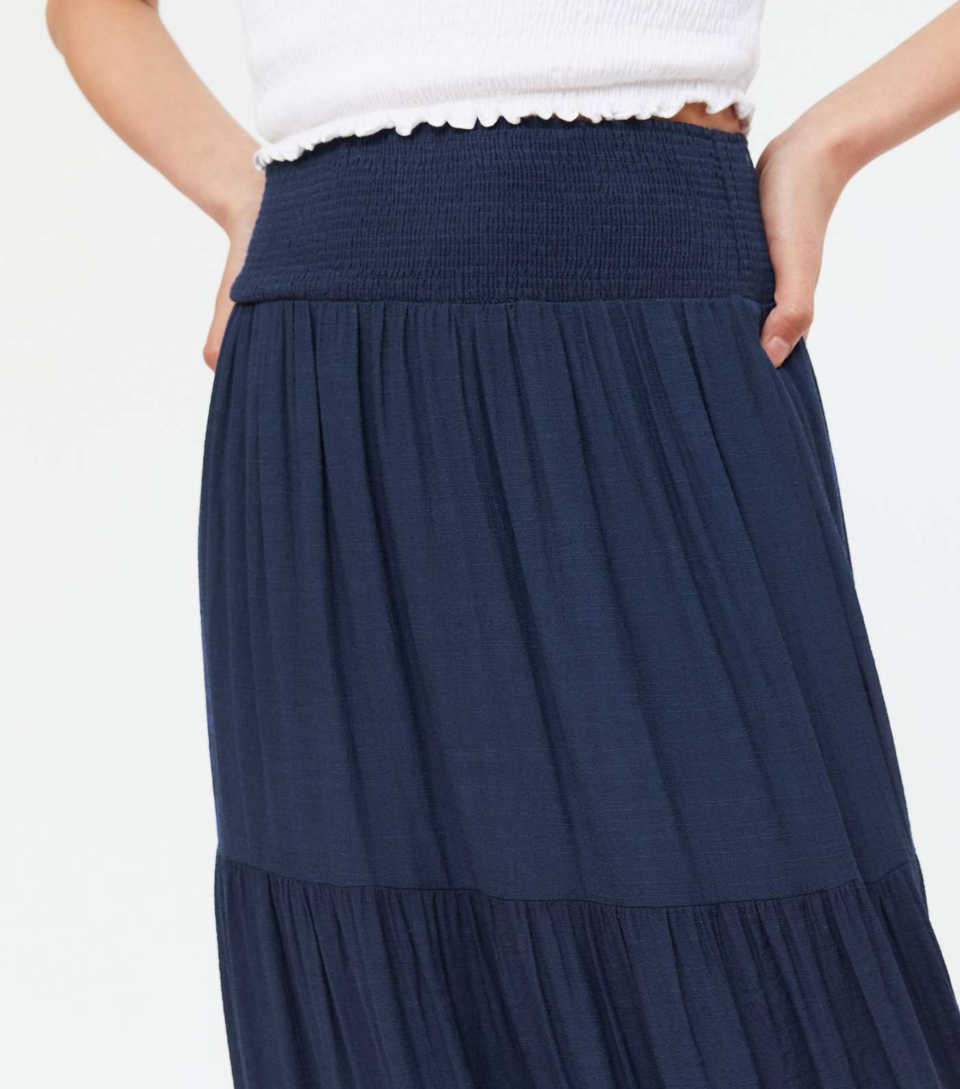 Blue Vanilla Navy Shirred Waist Tiered Maxi Skirt Image 3