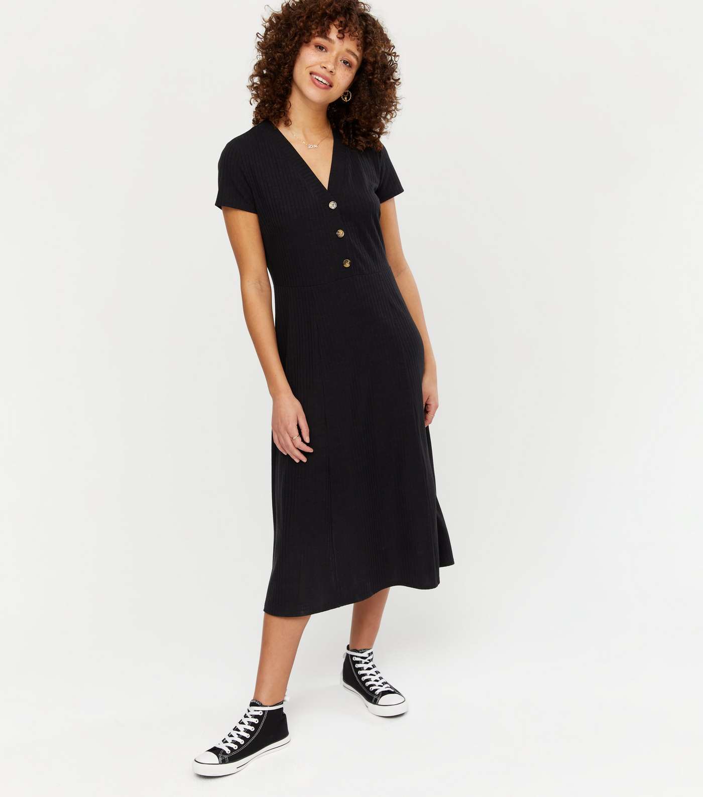Black Ribbed Jersey Button Midi Dress Image 2