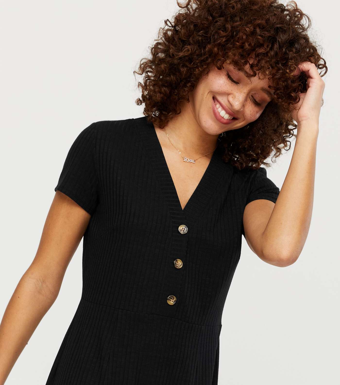 Black Ribbed Jersey Button Midi Dress Image 4