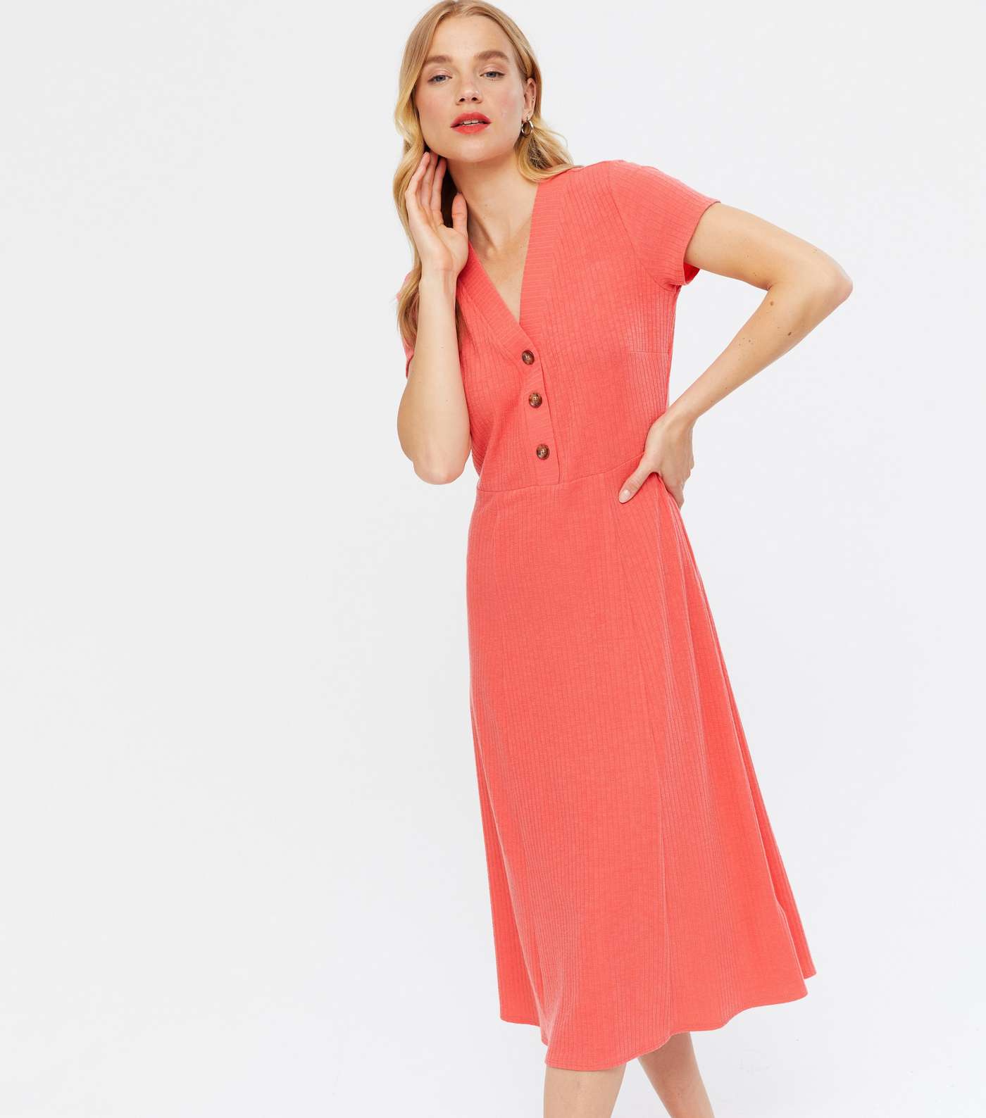Coral Ribbed Jersey Button Midi Dress