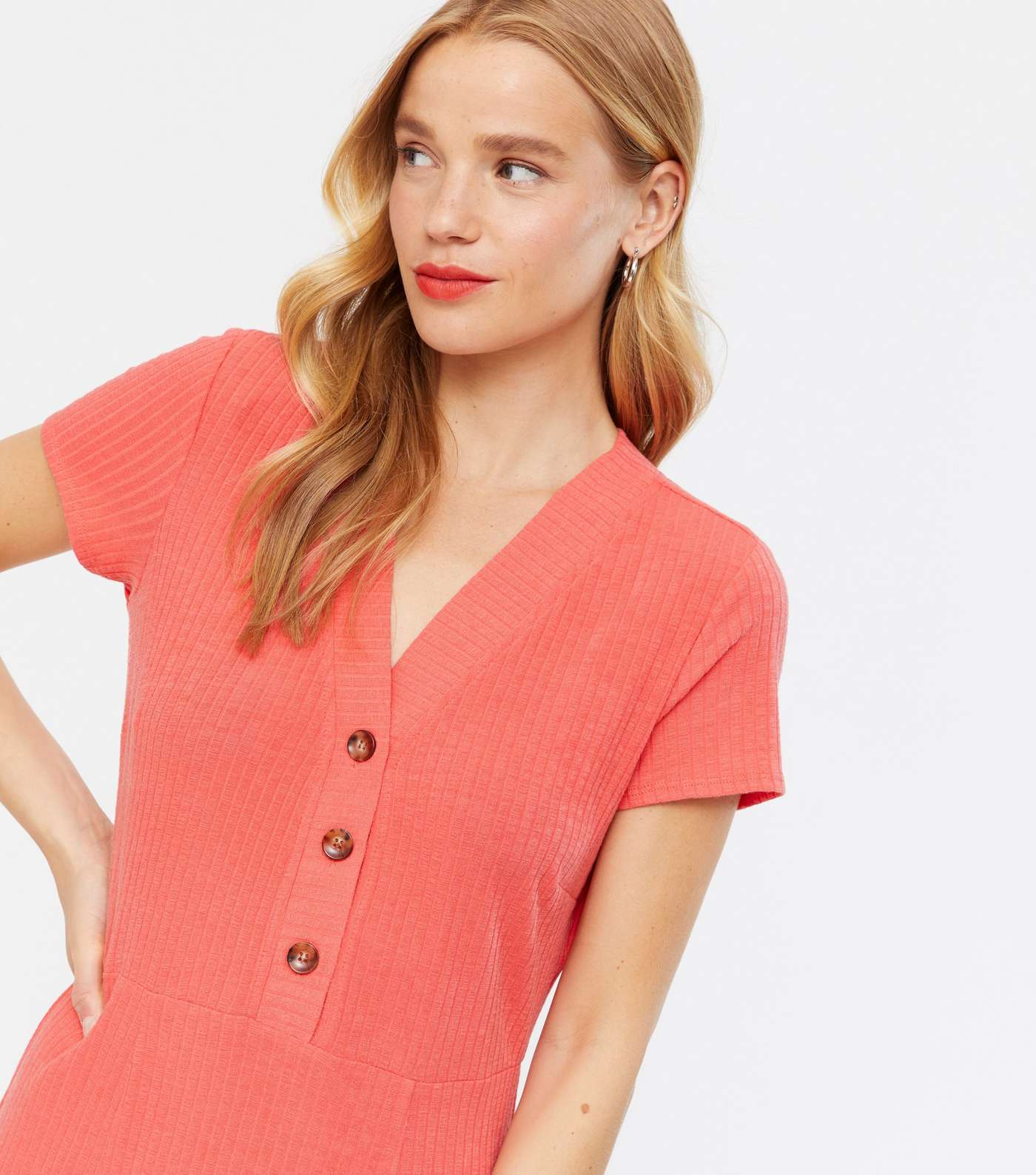 Coral Ribbed Jersey Button Midi Dress Image 3