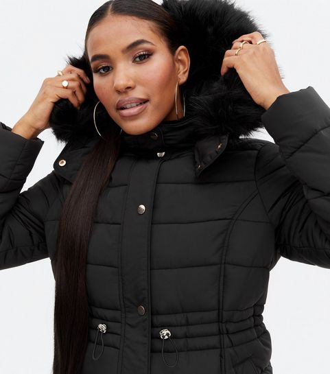 Black Faux Fur Hooded Puffer Jacket, Womens Long Padded Coat With Fur Hood