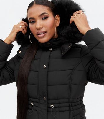 black puffer coat with fur hood