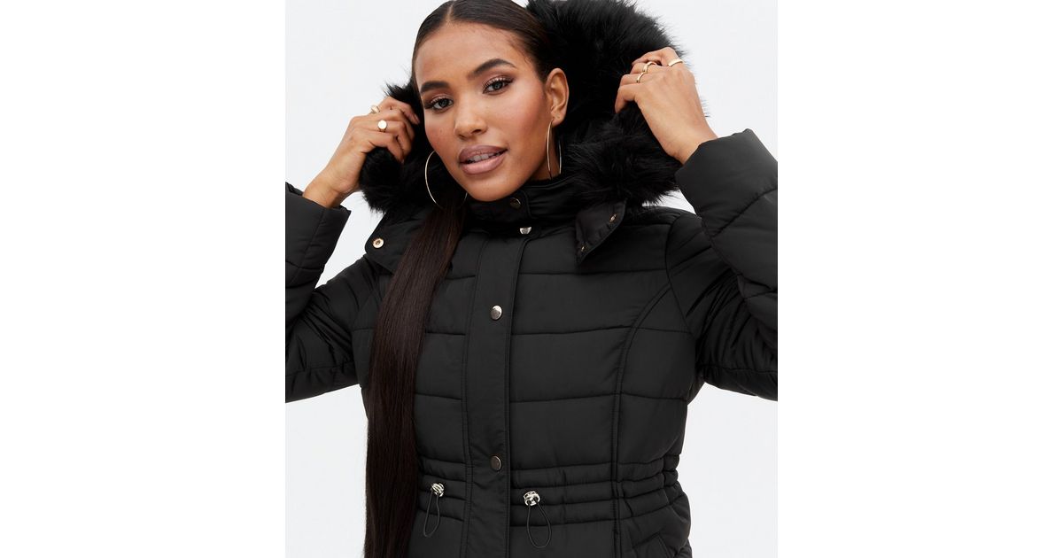 Black Faux Fur Hooded Puffer Jacket | New Look