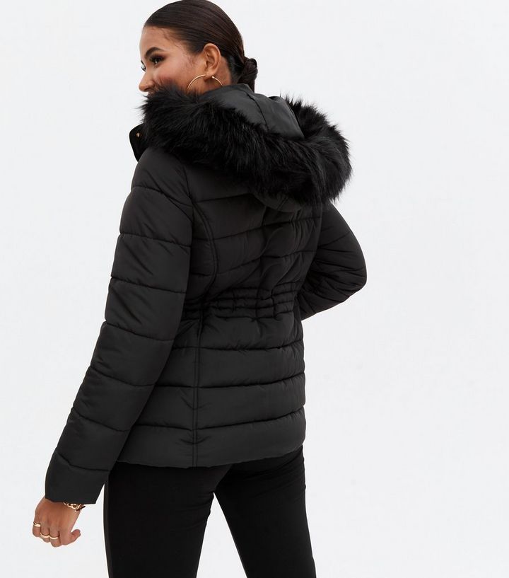 Black Faux Fur Hooded Puffer Jacket, Womens Black Coat With Grey Fur Hood