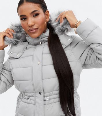 Grey Faux Fur Trim Hooded Puffer Jacket