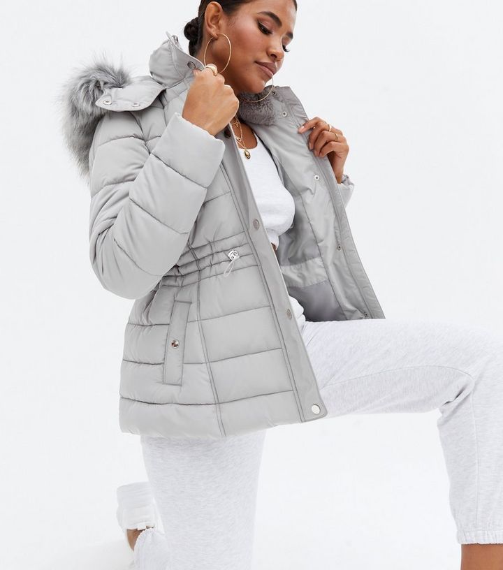 Pale Grey Faux Fur Hooded Puffer Jacket, Ladies Black Coat With Grey Fur Hood