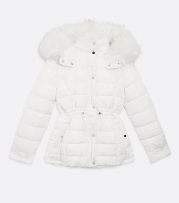 White fur hood puffer jacket sale