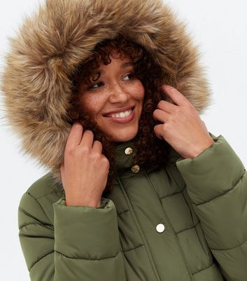 Click to view product details and reviews for Khaki Faux Fur Hooded Puffer Jacket New Look.