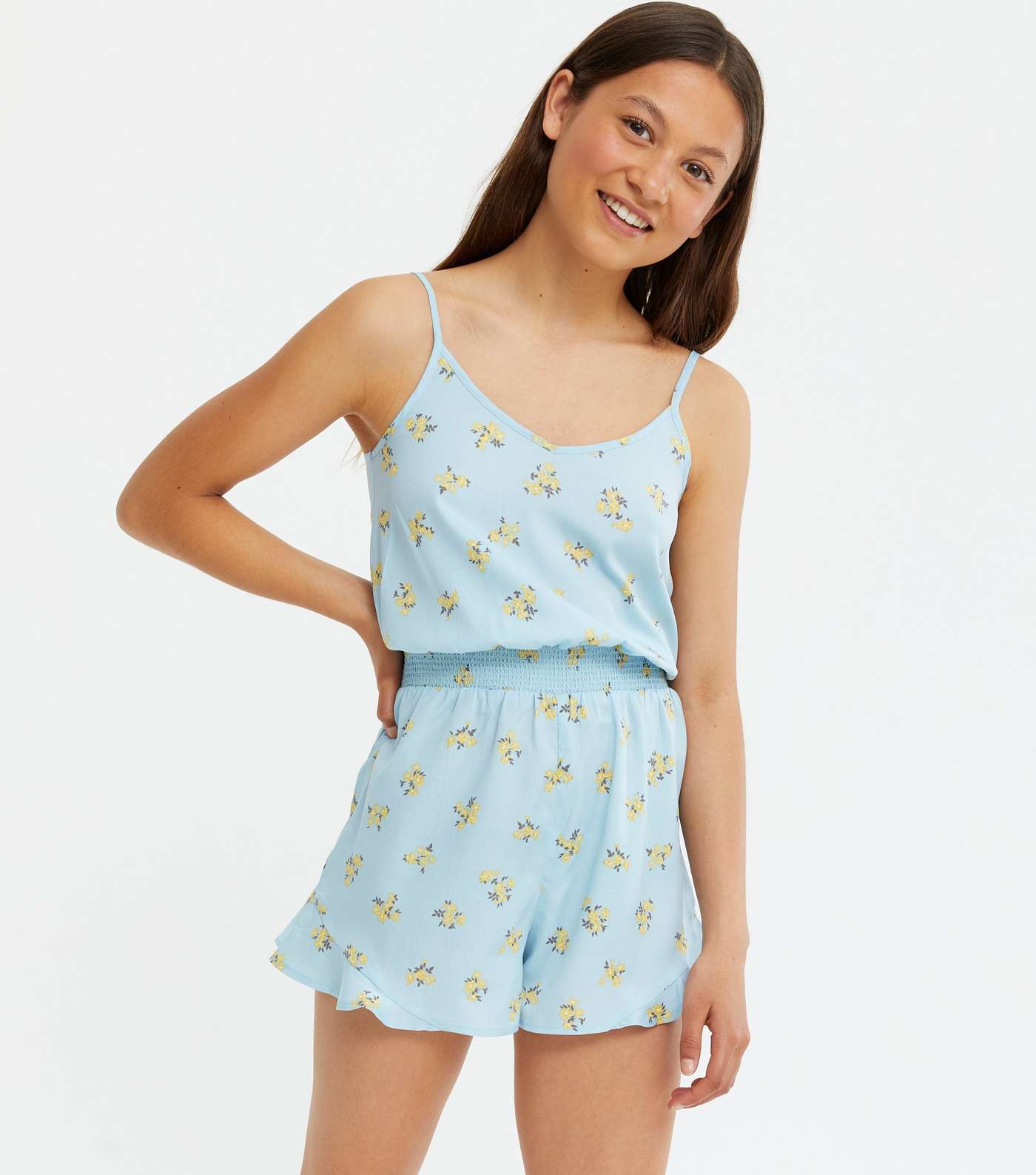 Girls Pale Blue Floral Frill Playsuit