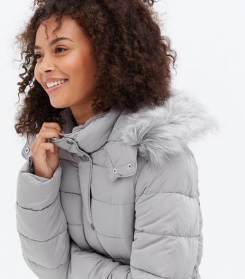 Tall Pale Grey Faux Fur Hooded Puffer Jacket New Look