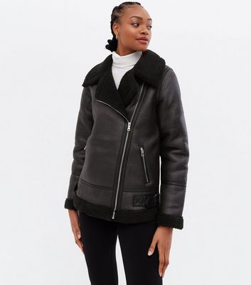 New look faux shearling biker jacket in black sale