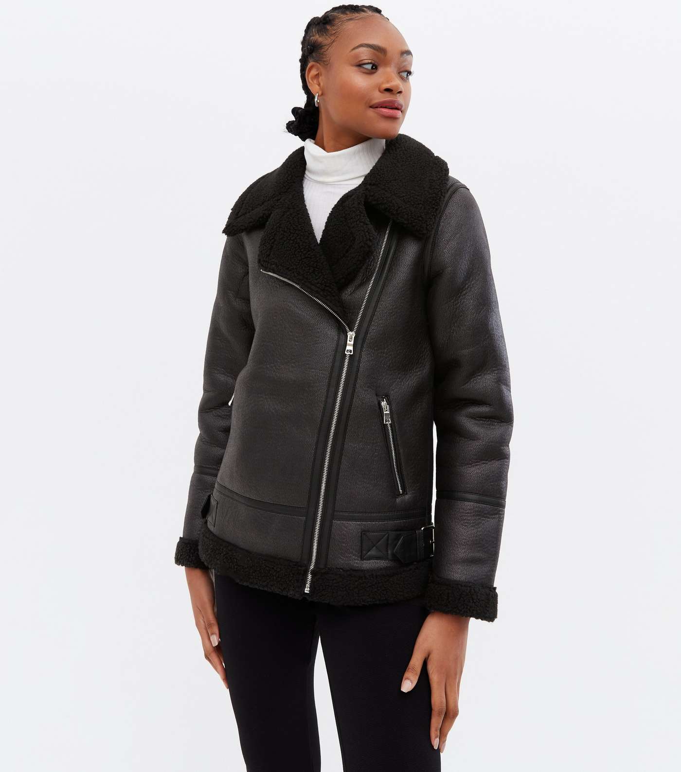 Tall Black Leather-Look Faux Shearling Aviator Jacket