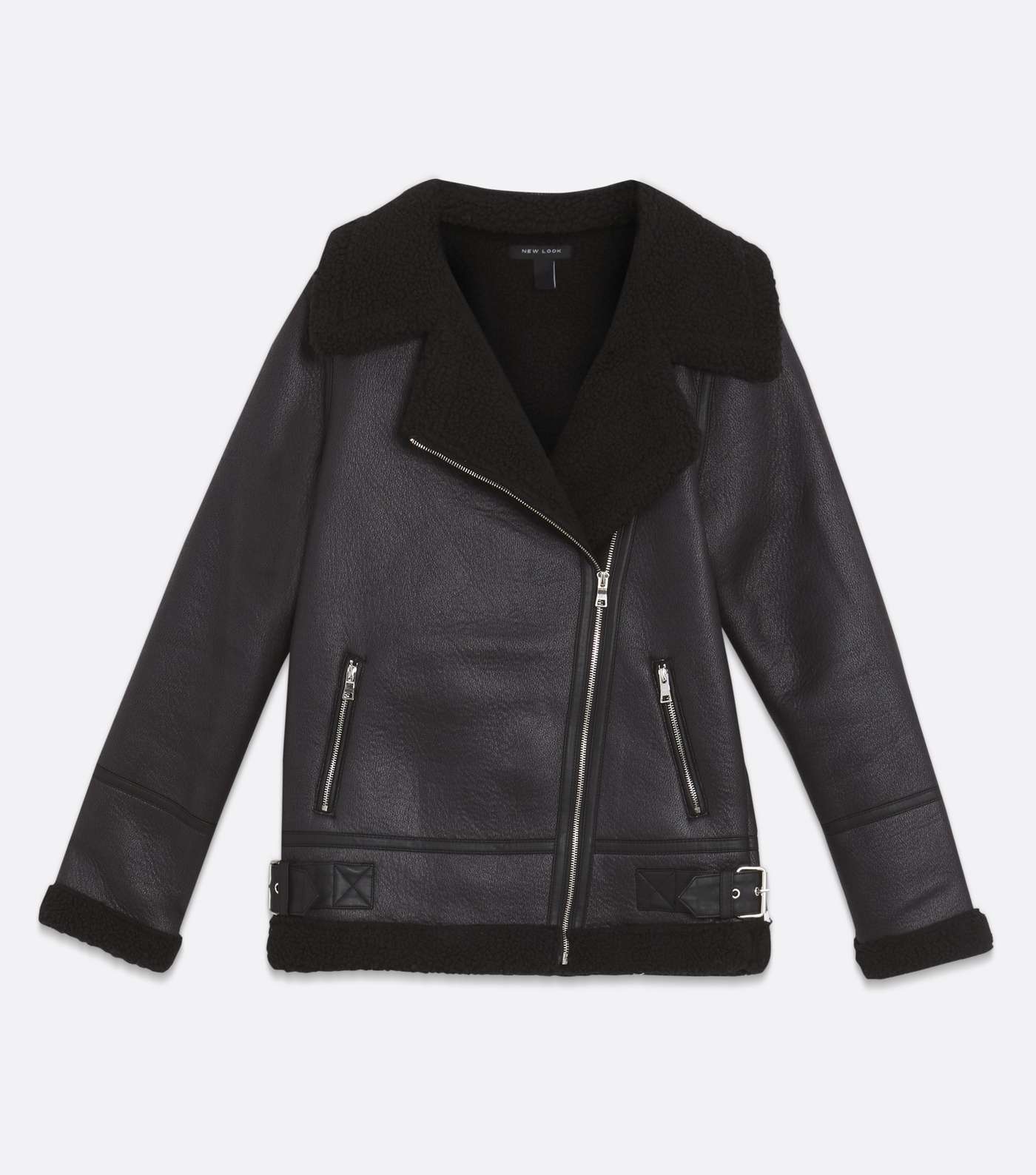 Tall Black Leather-Look Faux Shearling Aviator Jacket Image 5