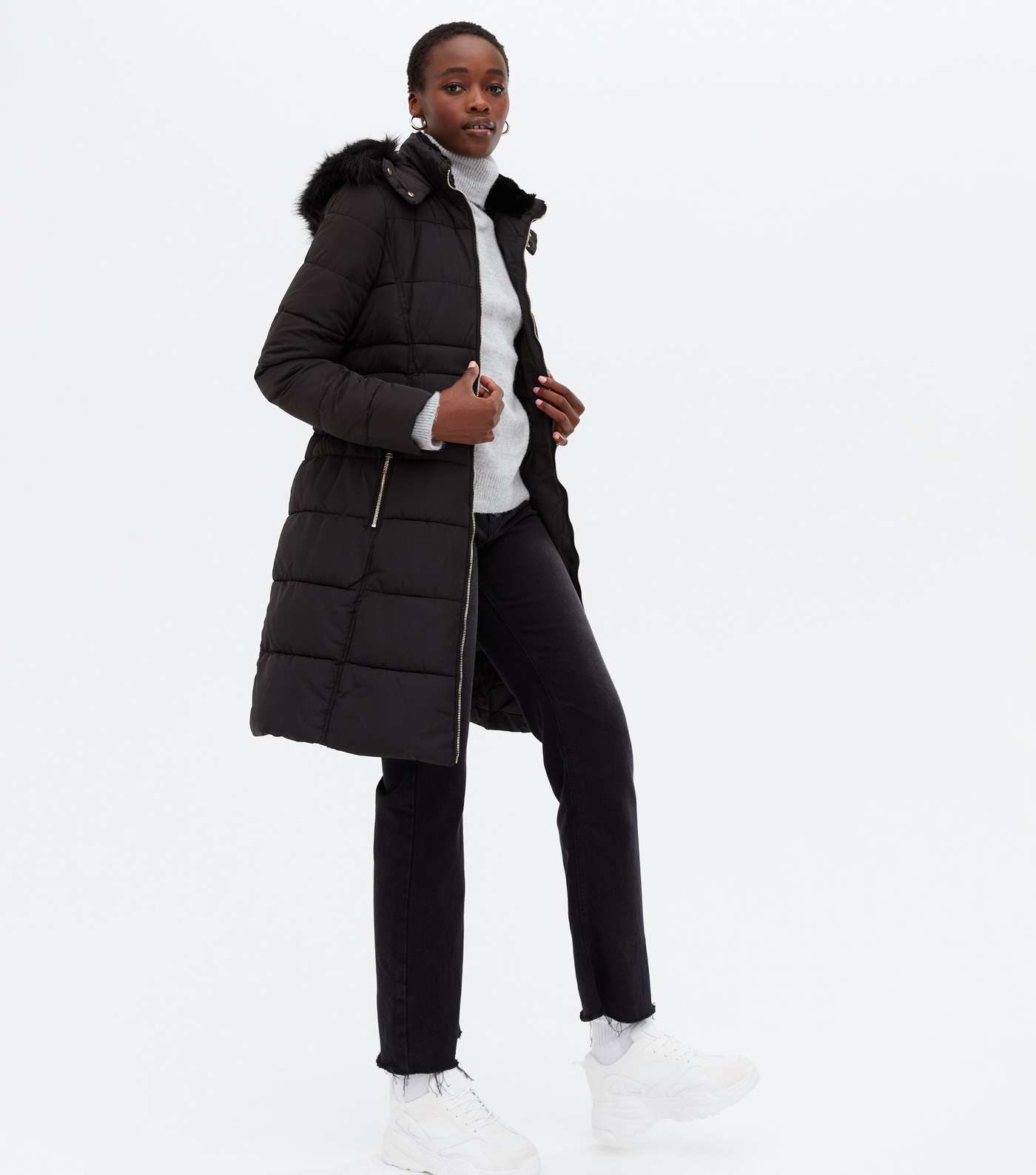 Tall Black Belted Puffer Long Jacket Image 2