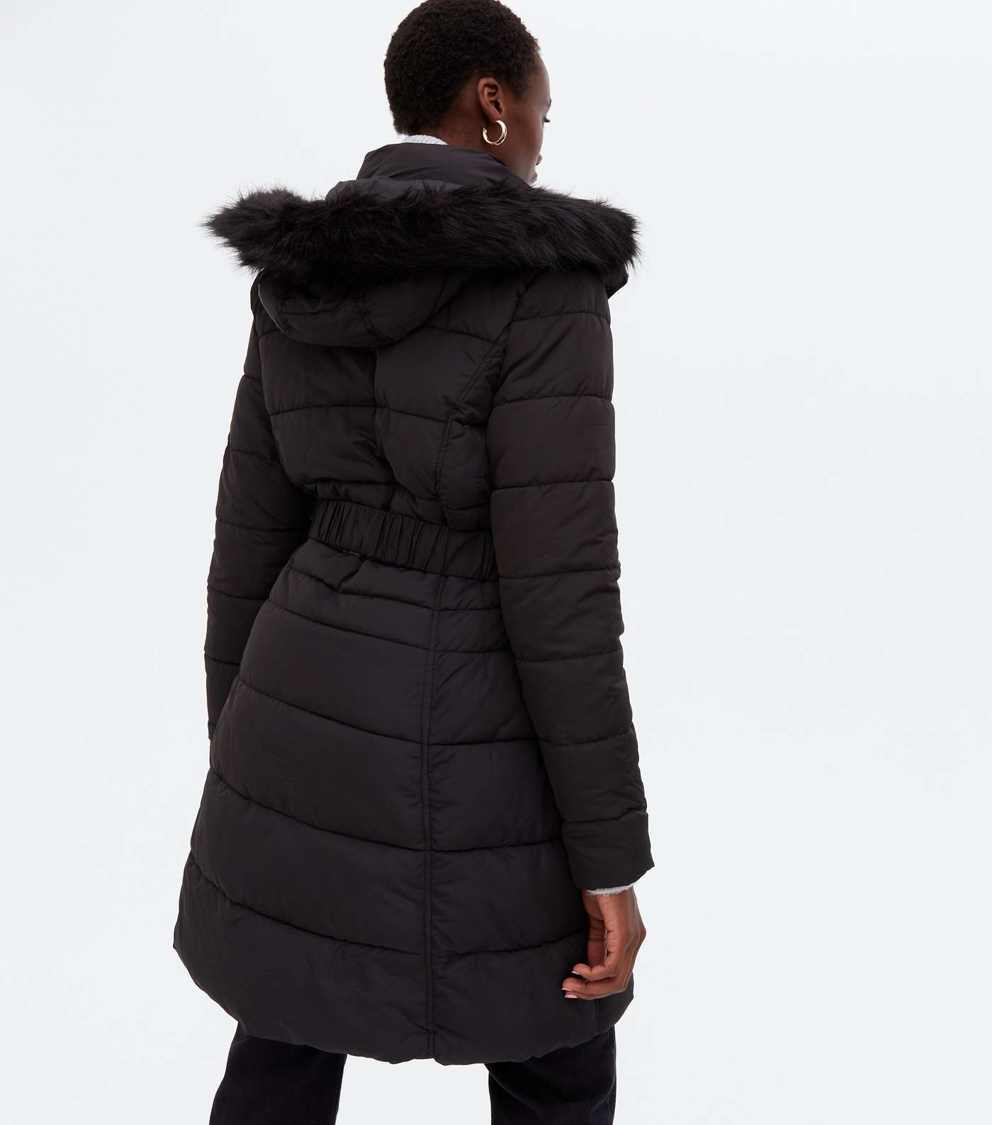 Tall Black Belted Puffer Long Jacket Image 4