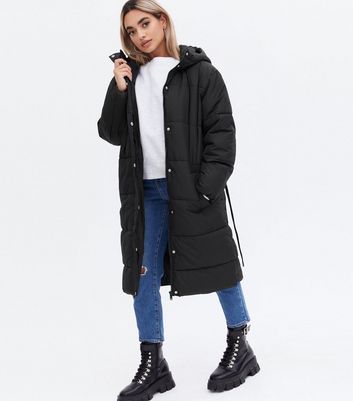 Petite Black Belted Long Puffer Jacket 