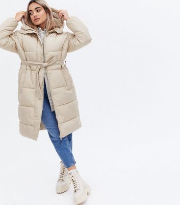 Petite Stone Belted Long Puffer Jacket 