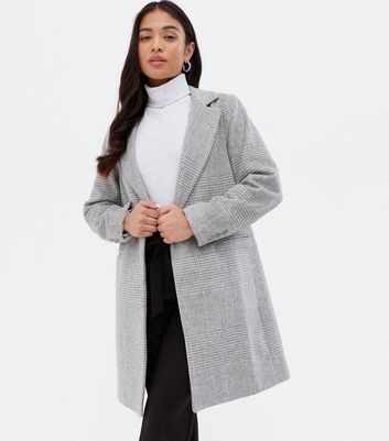 Click to view product details and reviews for Petite Light Grey Check Revere Collar Long Coat New Look.