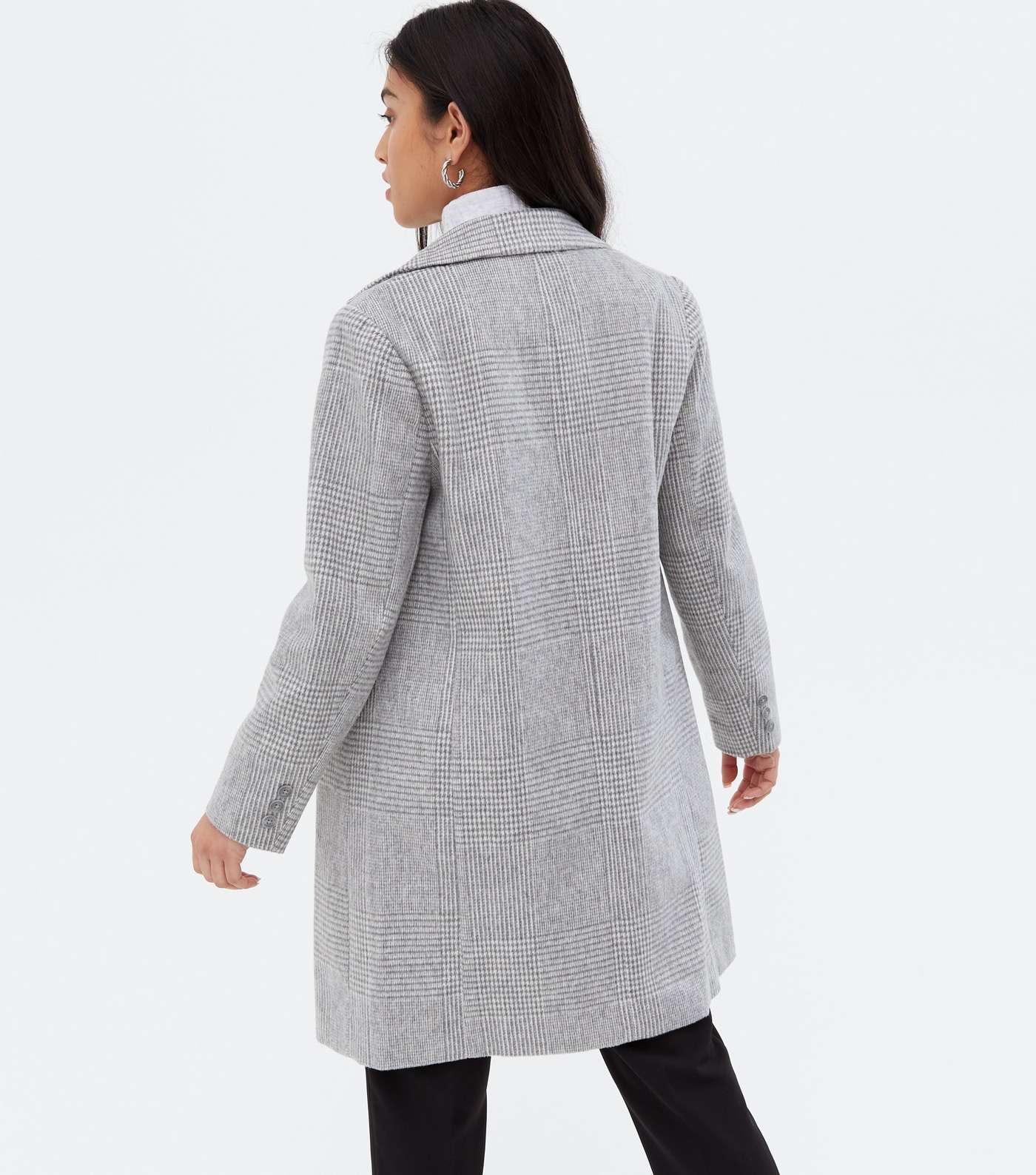 Petite Light Grey Check Revere Collar Long Coat Image 4