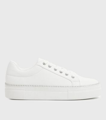 shop for White Leather-Look Chain Lace Up Flatform Trainers New Look Vegan at Shopo