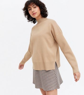 Camel Ribbed High Neck Split Hem Jumper 