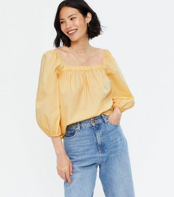 Yellow 3 4 Sleeve Square Neck Blouse New Look