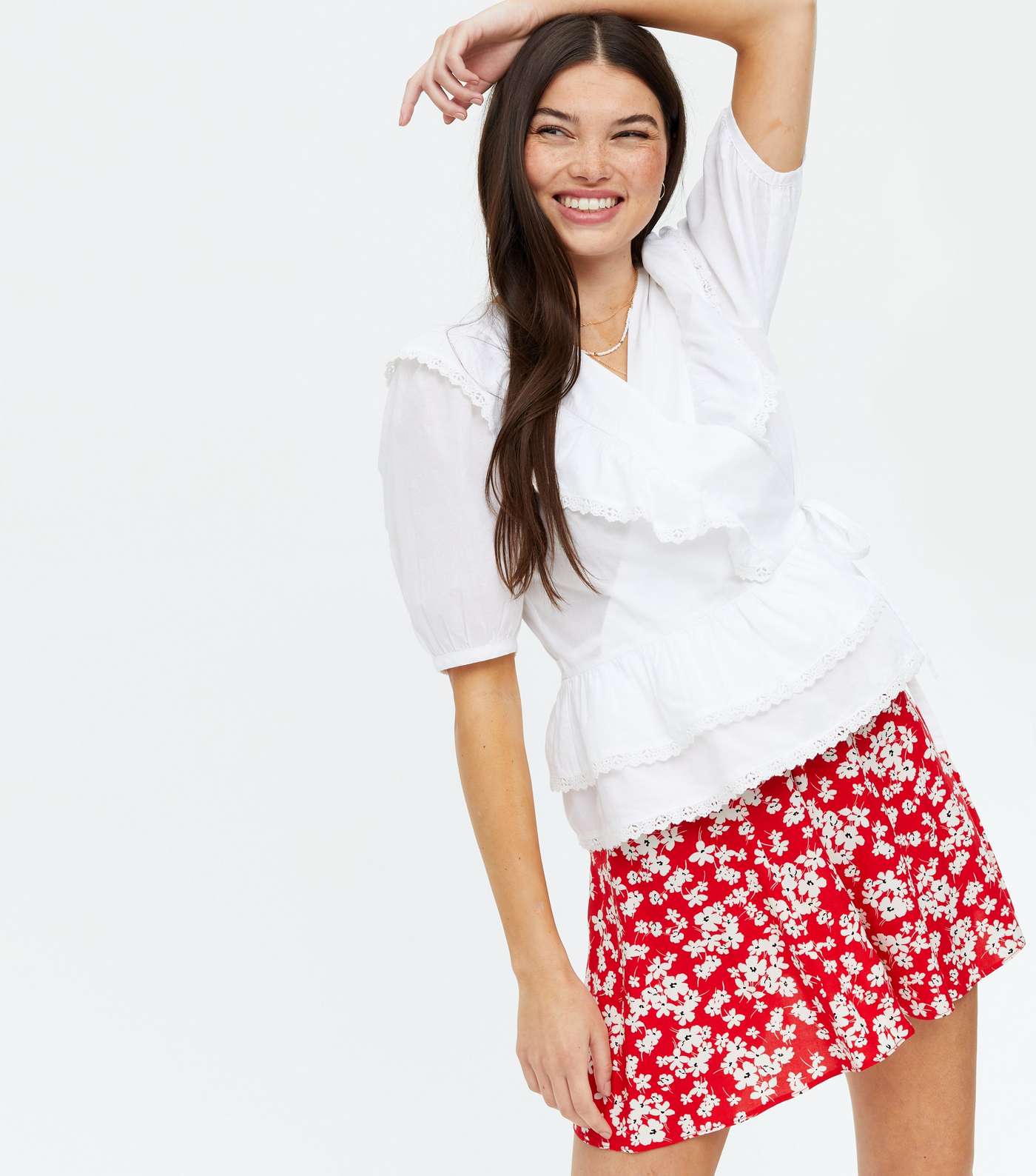 White Broderie Frill Wrap Tiered Peplum Blouse