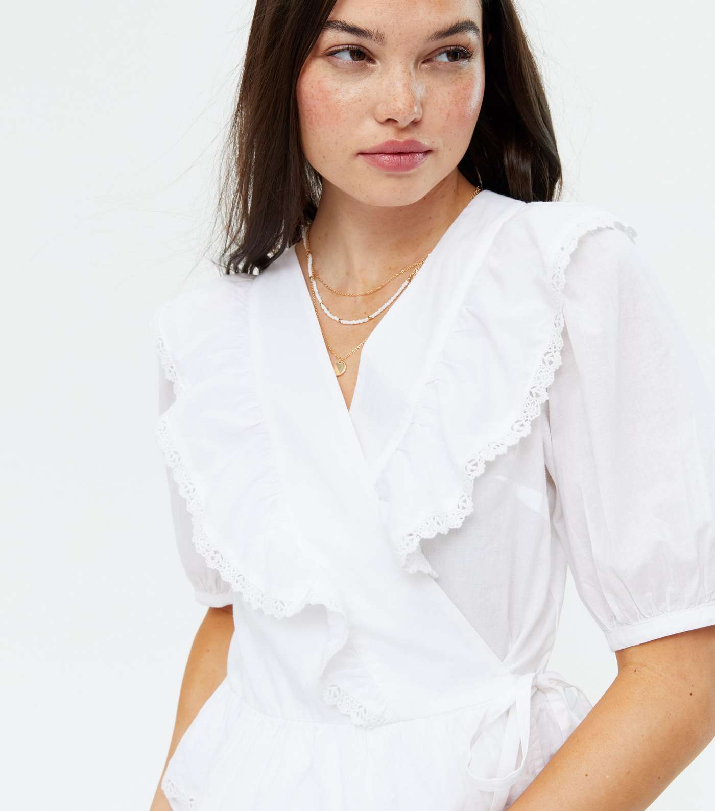 White Broderie Frill Wrap Tiered Peplum Blouse Image 3