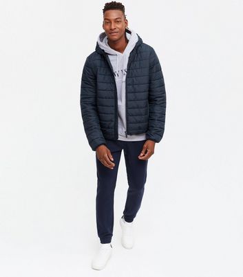 navy hooded puffer jacket