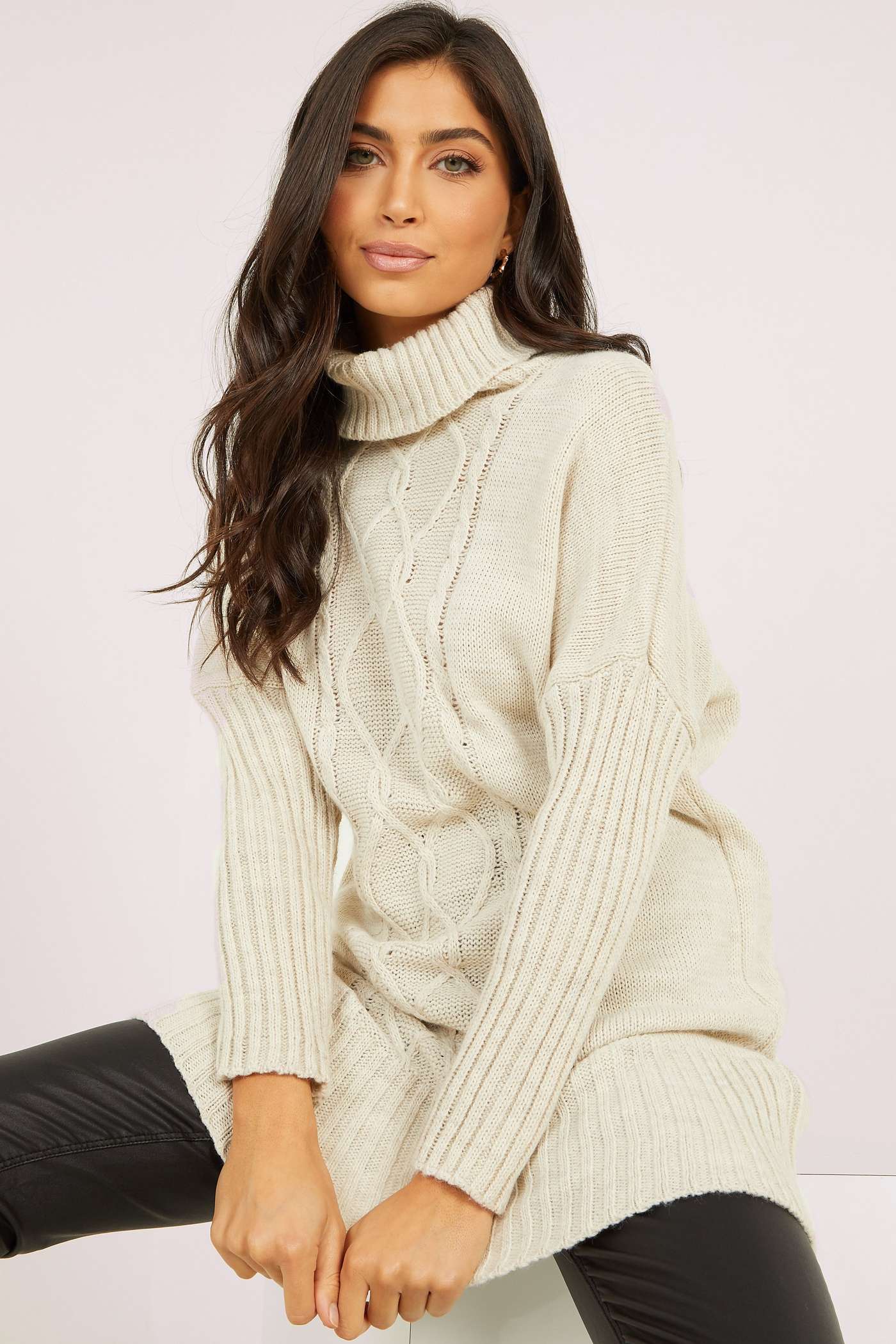 QUIZ Stone Cable Knit Roll Neck Jumper Dress Image 2