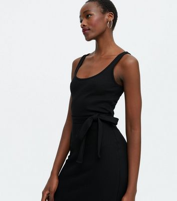 Tall Black Ribbed Tie Waist Midi Dress | New Look