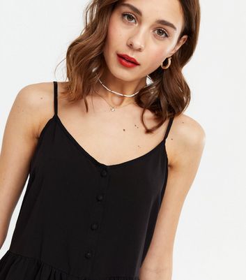 Black Button Peplum Cami New Look