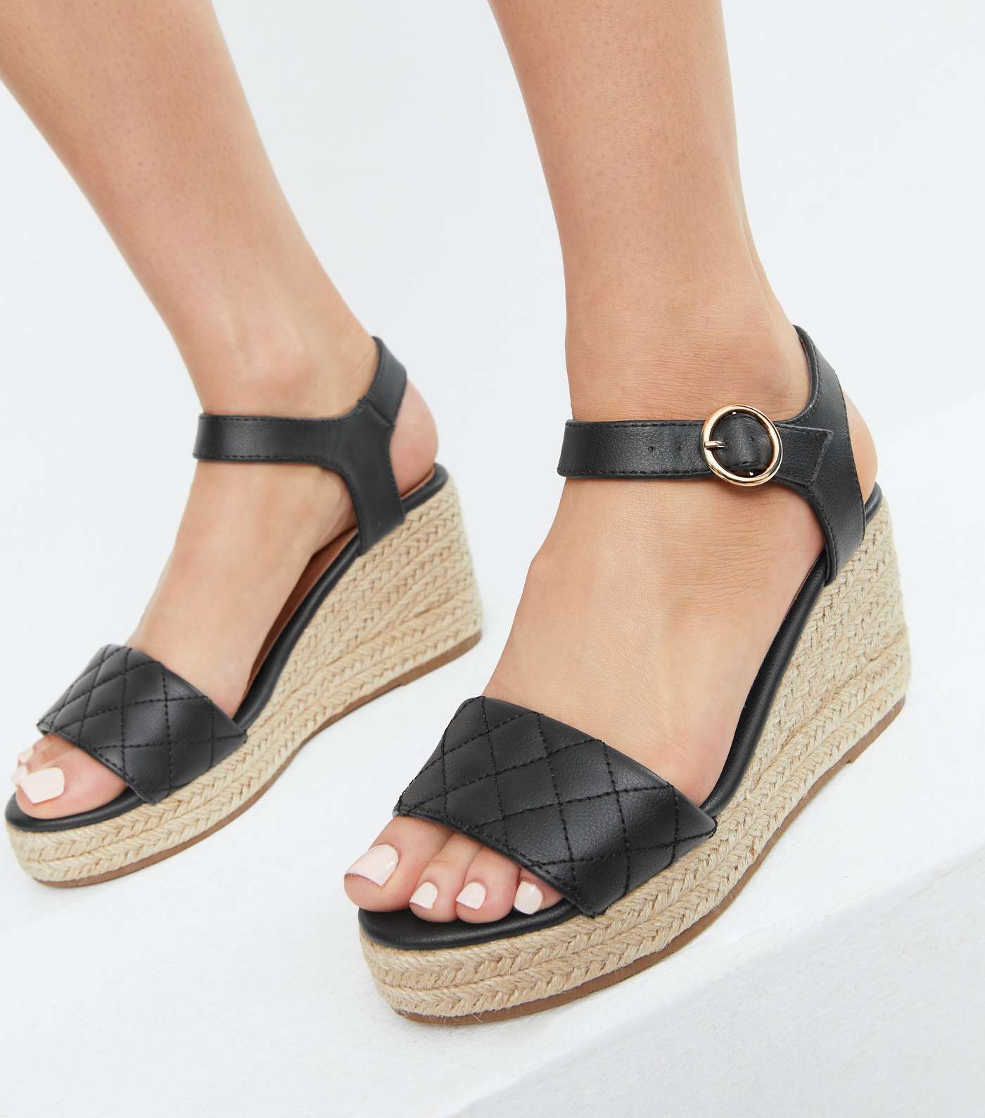Black Quilted Espadrille Wedge Sandals Image 2
