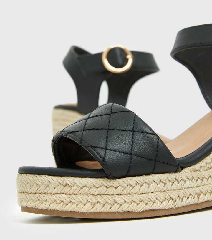 Black Quilted Espadrille Wedge Sandals
