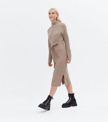 High Neck Tie Waist Midi Jumper Dress 