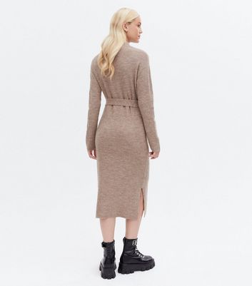 High Neck Tie Waist Midi Jumper Dress 