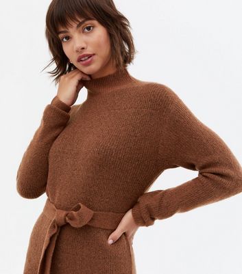 Click to view product details and reviews for Rust Knit High Neck Tie Waist Midi Jumper Dress New Look.