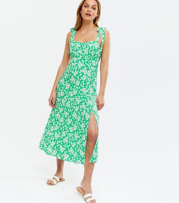 Green Floral Tie Strap Ruched Split Hem Midi Dress | New Look