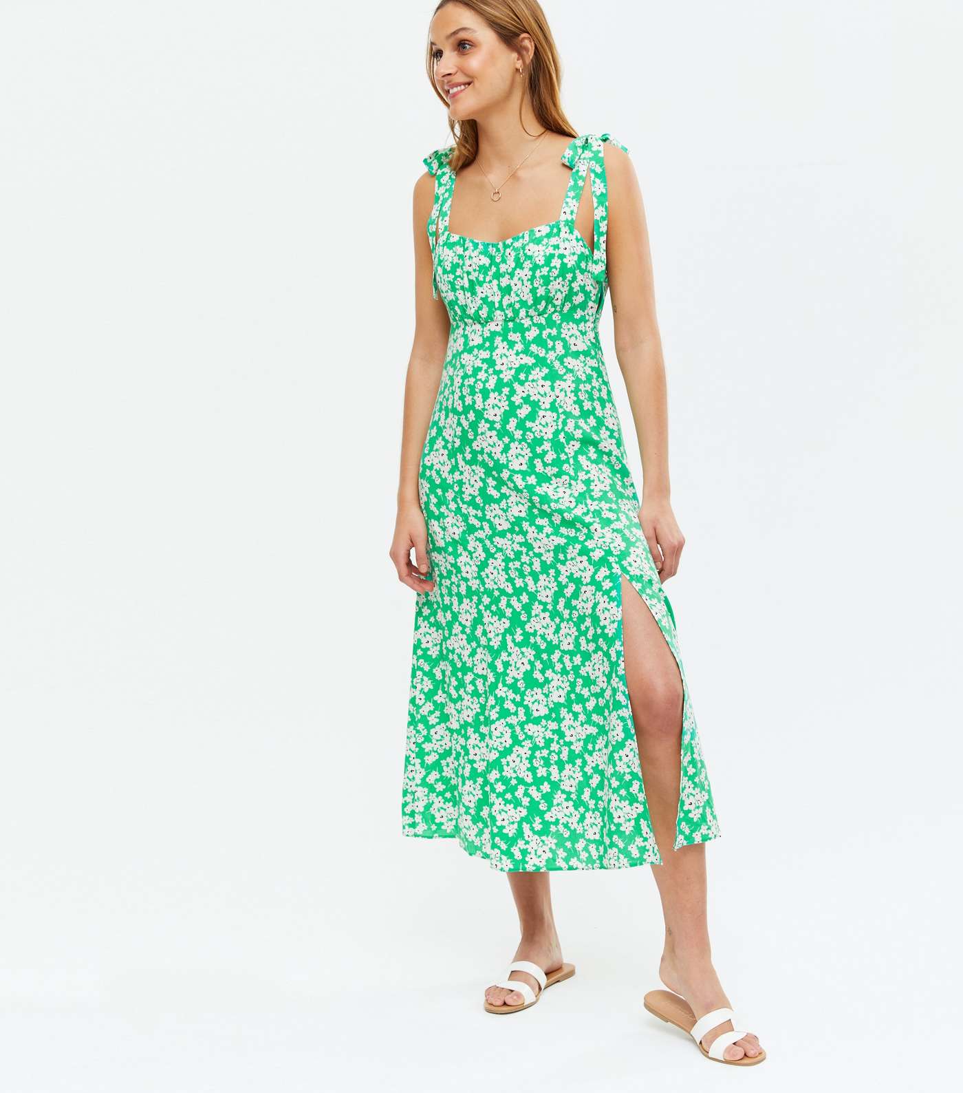 Green Floral Tie Strap Ruched Split Hem Midi Dress Image 2
